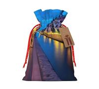 Lootpe Grands sacs cadeaux de Noël imprimés ville d'eau Espagne, sacs de vacances réutilisables pour cadeaux, sacs cadeaux en toile de jute avec cordons de serrage