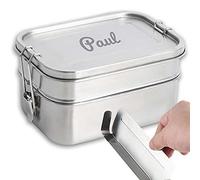 LOOXIS Boîte à déjeuner en acier inoxydable avec gravure au laser, avec séparation et joint d'étanchéité - Boîte à sandwich avec nom gravé (L, acier inoxydable double couvercle)