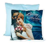 LOOXIS Coussin Photo personnalisé, à Personnaliser, à Faire Imprimer, Texte et Photo de Votre Choix - Idée Cadeau pour Femmes et Hommes - Remplissage Inclus, 40 x 40 cm, Aspect Lin, Bleu Glacier