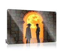 LOP Décoration de bar « Two Men Stand Before A Giant Orange Moon In A Stone Archway » - Décoration de bar pour la maison (20 x 30 cm)