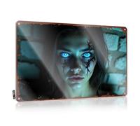 LOP Décoration de chambre amusante avec yeux bleus effrayants : un portrait hantant en étain petit panneau de porte de chambre (30 x 40 cm)