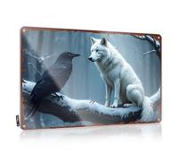 LOP Décoration de porte pour chambre à coucher, branche enneigée : corbeau et loup regardant dans les yeux les uns des autres, panneau en étain pour chambre à coucher, décoration murale (20 x 30 cm)