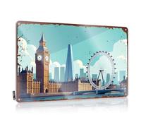 LOP Home Bar Decor London Landmarks : Big Ben, The Shard, and London Eye Plaque en étain Décoration de bar pour la maison (20 x 30 cm)