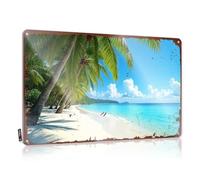 LOP Panneau de bar amusant en métal avec palmiers, plage de sable blanc, eau bleue claire, paradis tropical, panneau de bar pour la maison, le bar (20 x 30 cm)