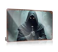 LOP Panneau de bar amusant en métal - Figurine d'ombre avec yeux lumineux tenant une épée dans la forêt brumeuse - Panneau en étain pour bar à la maison (30 x 40 cm)