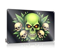 LOP Panneau de bureau amusant avec tête de mort verte aux yeux rouges entourés de feuilles en étain pour décoration de garage pour homme (20 x 30 cm)