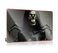 LOP Panneau décoratif en étain pour porte de chambre à coucher, squelette effrayant avec yeux brillants et appendices semblables à une araignée (20 x 30 cm)