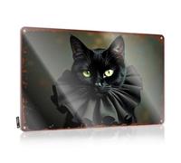 LOP Panneau humoristique en étain avec chat noir fantaisiste aux yeux verts portant un nœud papillon (30 x 40 cm)