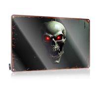 LOP Panneau humoristique en étain avec tête de mort effrayante aux yeux rouges brillants pour garage (20 x 30 cm)