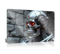 LOP Panneau pour porte de chambre à coucher, motif tête de mort robotique avec yeux rouges sur fond de pierre, panneau en étain amusant pour décoration de bar (30 x 40 cm)