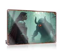 LOP Plaque en métal vintage drôle femme en armure visages monstre aux yeux de feu dans la forêt brumeuse - Panneau en étain pour adulte - Pour homme et chambre de garçon (20 x 30 cm)