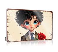 LOP Plaque humoristique en étain pour décoration de bar garçon aux cheveux bouclés avec yeux bleus tenant une rose rouge (20 x 30 cm)