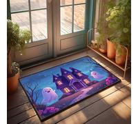 LOP Tapis de porte de printemps pour entrée extérieure Nuit d'Halloween : château effrayant avec des fantômes amicaux, paillasson extérieur, tapis d'automne pour porte d'entrée (50 x 80 cm)