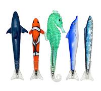 Lopenle Lot de 5 stylos à bille fantaisie Poisson clown, requin, hippocampe, dauphin, animal marin, queue de nageoire, encre noire, fournitures scolaires, fête d'anniversaire