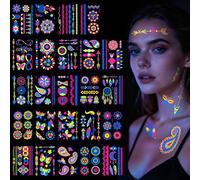 LOPHE 24PCS Néon Tatouages Temporaires, Feuilles Tatouage Fluo Reaction à la Lumiere Noire UV Neon, Faux Tatouages Fluorescents de Visage Corps, Tatouages Néon Imperméables, Faux Tatouage Fluo