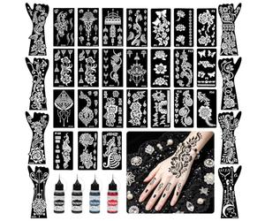 LOPHE Kit de Tatouage Temporaire Complet 40 Pochoirs+4 Encres Incluses,Pointe Précise Anti-Goutte,Tatouage DIY imperméable 3-5 Jours,Idéal pour Fêtes, Carnaval,Cosplay,Adultes et Débutants,E-44PCS