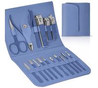 LOPHE Kit Manucre Pedicure Coupe Ongle,16 pcs Kit Manucre Pedicure Coupe Ongle Professionnel Coupe Cuticule,Ensemble de Coupe-ongles de Voyage avec Sac de Voyage en Cuir Bleu,Femme et Hommes