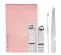 LOPHE Kit Manucre Pedicure Coupe Ongle, 4 pcs Kit Manucre Pedicure Coupe Ongle Professionnel Coupe Cuticule, Ensemble de Coupe-ongles de Voyage avec Sac de Voyage en Cuir Rose, Femme et Hommes
