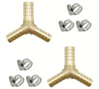 Lophtnix Lot de 2 raccords cannelés en laiton pour tuyau réducteur à 3 voies Wye en forme de Y, 1,27 cm x 1,27 cm x 0,95 cm, réducteur barbelé à 3 voies Wye T avec 6 colliers de serrage