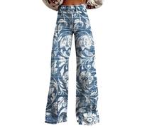 LOPILY Pantalon Blanc Boulanger Waist Floral Patterned Pants Lightweight Loose Fit Casual Colorful Trouser Imitation Jeans (Light Blue, S)