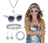 LOPOTIN 5pcs Accessoires Disco Paillette pour Femme Déguisement Vintage des Années 50/60/70/80 inclut Lunettes Bandeau Boucles d'oreilles Bracelet Collier Kit Costume Argenté à Thème pour Fête