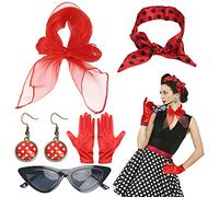 LOPOTIN Années 50 Costume Accessoires, Années 50 Femmes Costume 5 Pcs Ensemble à Pois Écharpe Gant Boucle Oreille Bandeau pour Soirée de Déguisement Fête Party Carnaval (Rouge)