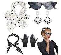 LOPOTIN Années 50 Costume Accessoires, Années 50 Femmes Costume 5 Pcs Ensemble à Pois Écharpe Gant Boucle d'oreille Bandeau Lunette pour Soirée de Déguisement Fête Party Carnaval (Noir)