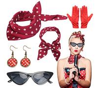 LOPOTIN Années 50 Costume Accessoires, Années 50 Femmes Costume 5 Pcs Ensemble Pois Écharpe Gant Boucle d'oreille Bandeau Lunette pour Soirée de Déguisement Party Carnaval (Pois Blanc sur fond rouge)