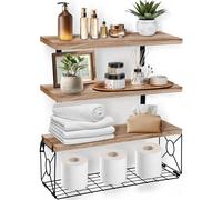 Loppdece Lot de 3 étagères en bois avec panier de rangement - Étagère murale flottante en bois - Pour salle de bain, salon, chambre à coucher, cuisine - Rustique - Marron
