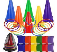 Loppdece Lot de 31 jeux de lancer 3 en 1 pour fête d'enfants, jeux de carnaval, jeux de lancer avec cônes de signalisation, poufs, anneaux de lancer, jeu d'anneaux pour anniversaire d'enfant, fête