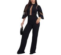 LoprNsdgt Combinaison Féminine Sexy À Coupe Slim Avec Empiècements En Mesh Manches 3/4 Élégante Et Formelle Pantalon Long Droit,Noir,XL