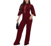LoprNsdgt Combinaison Féminine Sexy À Coupe Slim Avec Empiècements En Mesh Manches 3/4 Élégante Et Formelle Pantalon Long Droit,Rouge,M