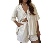 LoprNsdgt Femme Rayé Confort Lounge Sets Ample Col Montant Chemises À Manches Courtes Shorts Ensemble Survêtement,Apricot,M