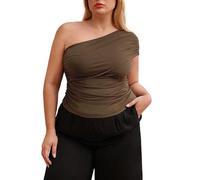 LoprNsdgt Femmes Été Casual Plus Size Asymétrique Une Épaule Sexy Ruché Slim Ajusté T-Shirt,Marron,XL