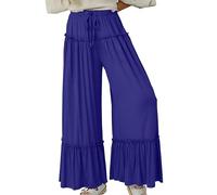 LoprNsdgt Femmes Flowy Boho Ruffle Hem Cordon De Serrage Élastique Taille Haute Rides Confort Pantalon,Bleu,S