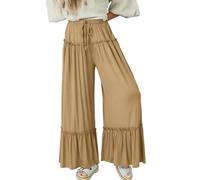 LoprNsdgt Femmes Flowy Boho Ruffle Hem Cordon De Serrage Élastique Taille Haute Rides Confort Pantalon,Kaki,XS