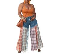 LoprNsdgt Femmes Patchwork Colorblock Plaid Bell Bottom Y2k Taille Haute Tendance Baggy Jeans,Bleu,L