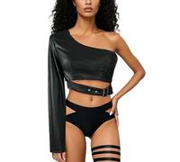 LoprNsdgt Femmes Sexy Léger Une Épaule À Manches Longues En Similicuir Hollowing Out Jacket Tops,Noir,L
