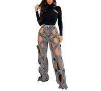 LoprNsdgt Womens Hollow Out Wide Leg Jeans Stretch Mode Loose Pantalon À Jambes Droites,Gris,S