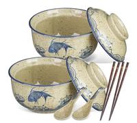 LOPUNER Ensemble 2 Bols à Ramen en Céramique 750ml avec Couvercles, Cuillères et Baguettes, Technique sous Glaçure, Style Traditionnel pour Vaisselle Quotidienne et Salades