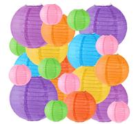 LOPYXBR Lot de 28 lampions multicolores en papier - 10/15/20/25 cm - Lanternes rondes en papier - 8 couleurs - Pour décoration extérieure, anniversaire, mariage et fête