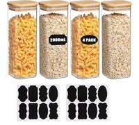 LOPYXBR Lot de 4 bocaux de conservation rectangulaires avec couvercle, 2 l, avec couvercle en bois, étiquettes et stylo pour pâtes, cornflakes, spaghetti, grains de café