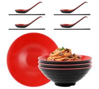 LOPYXBR Lot de 4 bols à ramen japonais - 1000 ml - En mélamine - 21 x 8 cm - Avec cuillère et baguettes - Pour ramen, pâtes, buldak ramen, salade (noir et rouge)
