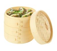 LOPYXBR Panier vapeur en bambou de 20,3 cm, panier vapeur en bambou à 3 niveaux, panier vapeur avec couvercle, cuiseur vapeur Dim Sum 20,3 cm pour légumes, raviolis, viande et poisson (20 cm)