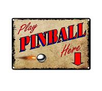 LOQHPW Plaque en métal rétro Play Pinball Here - Plaque en aluminium vintage pour maison, café, décoration murale - 30 x 40 cm