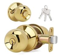 LOQRON Bouton de porte en forme de boule avec clés et serrure, poignée de porte d'entrée à clé ronde pour portes d'entrée/d'entrée, finition laiton poli