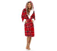 Lora Dora Robe de chambre de luxe à carreaux tartan à capuche Sherpa pour femme, Rouge, M