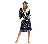 Lora Dora Robe pour femme avec capuche en tartan à carreaux de luxe, peignoir en sherpa, bleu marine, L
