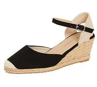 Lora Dora Sandales compensées en toile de jute pour femmes avec semelle à mémoire de forme, talons mi-hauts, espadrilles à la mode avec bride à la cheville pour l'été, Noir, 39 EU