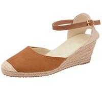 Lora Dora Sandales compensées en toile de jute pour femmes avec semelle à mémoire de forme, talons mi-hauts, espadrilles à la mode avec bride à la cheville pour l'été, Brun, 36 EU
